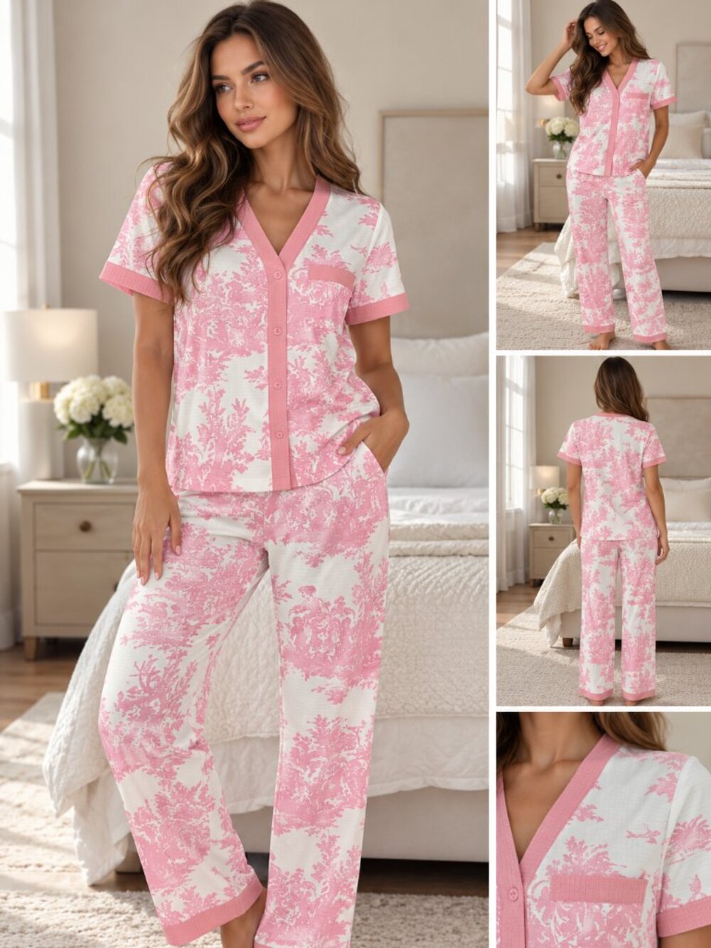 Pink Toile Print Two Piece Lounge Set Button Top & Pants Size M
